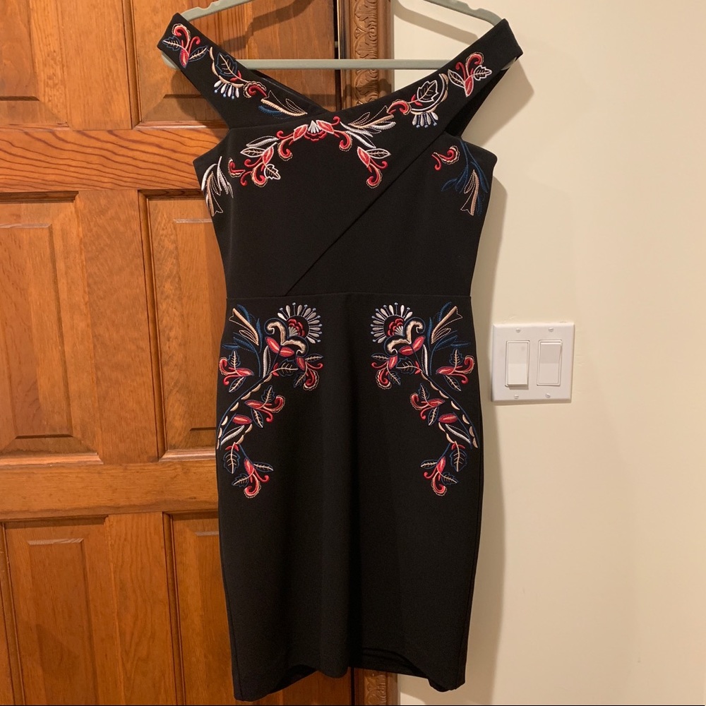 Parker black floral embroidered off shoulder dress